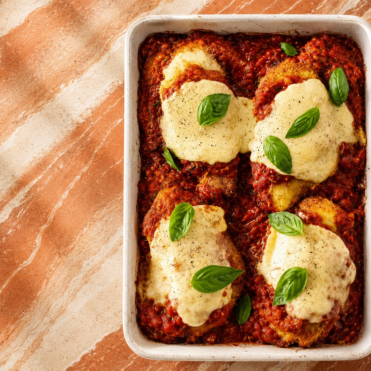 Chicken Parmigiana in White baking dish