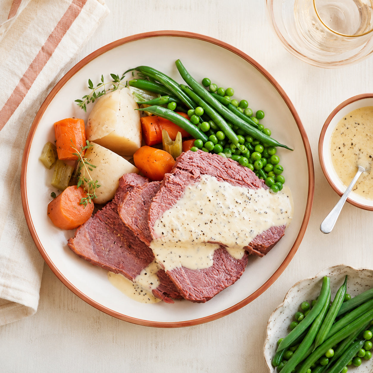 A plated meal featuring sliced corned beef topped with creamy sauce, mixed vegetables including green beans, peas, carrots, and potatoes, served on a white plate with a brown rim on a light table setting.