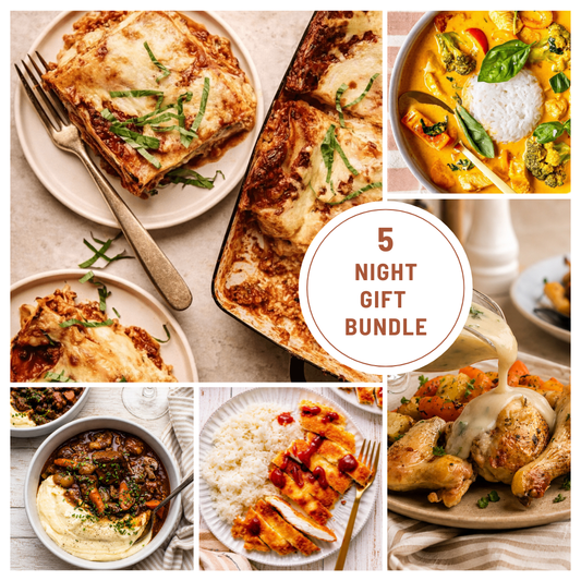 Collage of various dishes with text '5 Night Gift Bundle' on a neutral background.