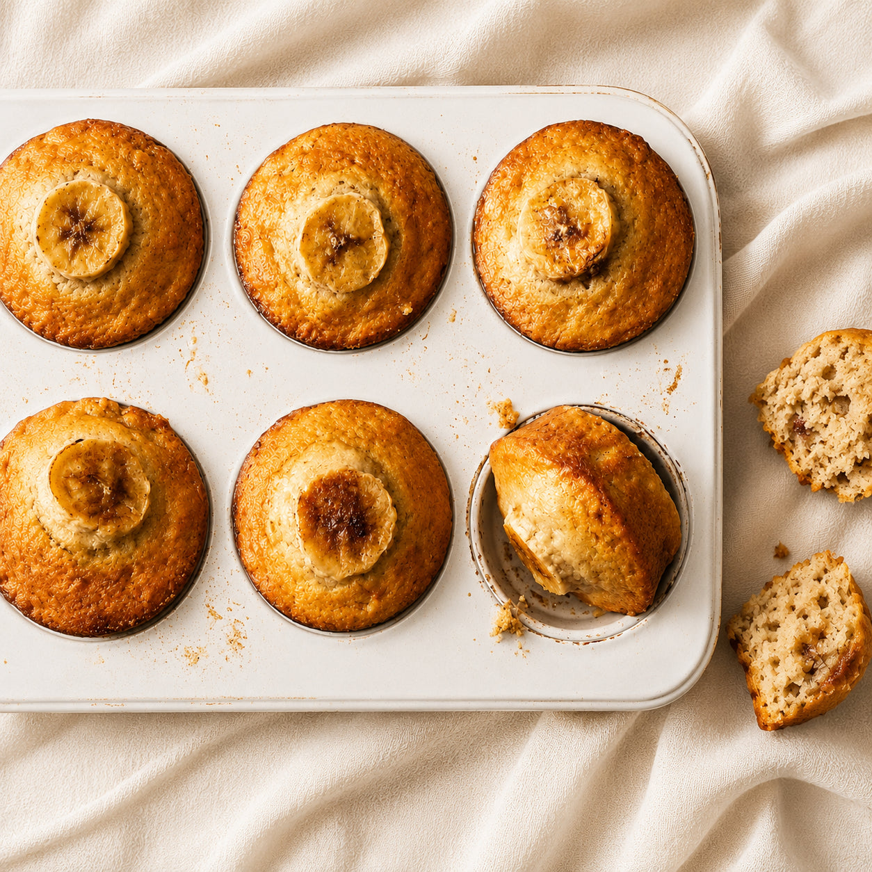 Six banana muffins in a white six-cup muffin tin on a cream fabric background, with two muffins broken open to show the crumb. The muffins have a golden-brown baked surface with a sliced banana visible in the center of each.