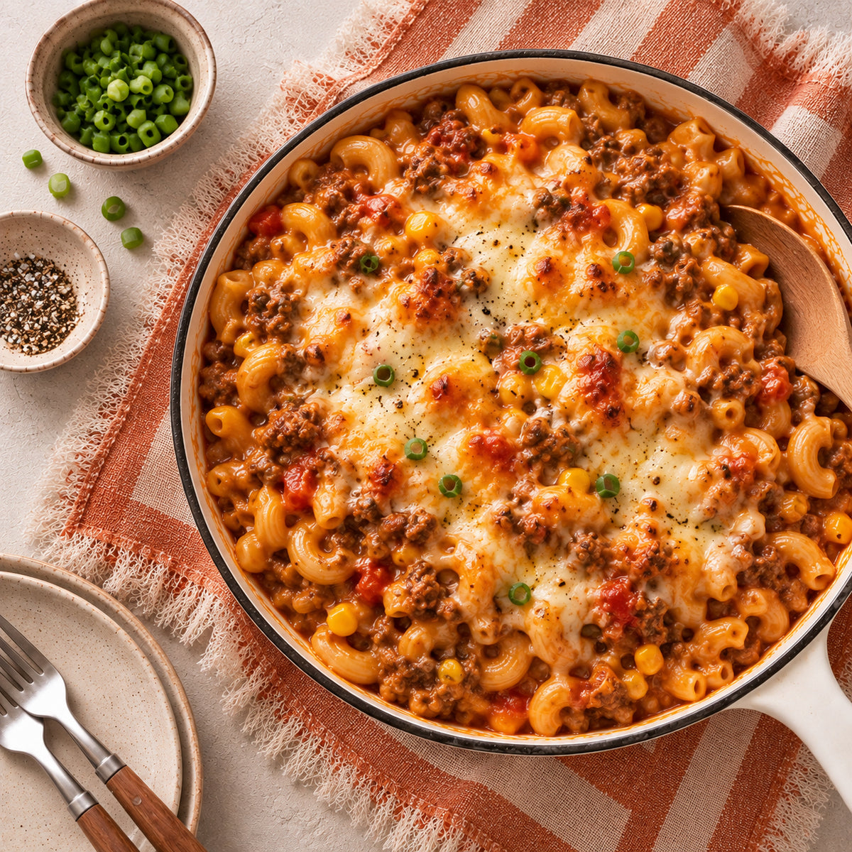 Overhead shot of a baked macaroni pasta casserole in a white skillet with a wooden spoon, garnished with melted cheese, black pepper, and green onions. The skillet sits on a striped orange and white napkin with small bowls of green peas and peppercorns nearby.