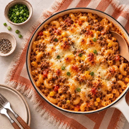 Overhead shot of a baked macaroni pasta casserole in a white skillet with a wooden spoon, garnished with melted cheese, black pepper, and green onions. The skillet sits on a striped orange and white napkin with small bowls of green peas and peppercorns nearby.