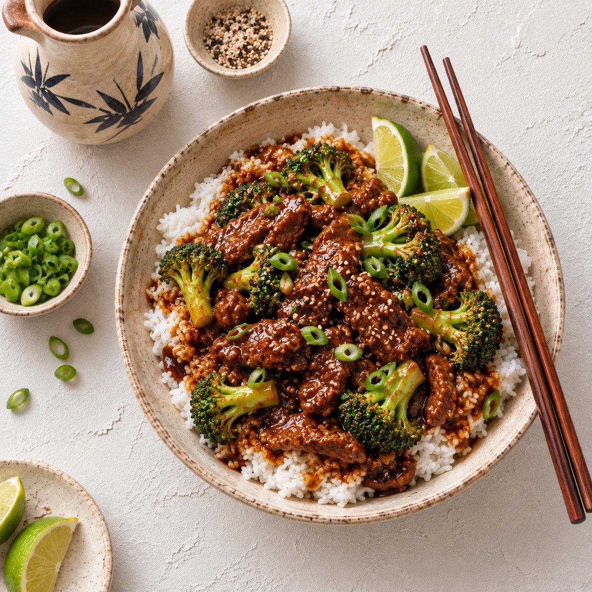 Overhead flat-lay of a bowl of stir-fried beef and broccoli on white rice, garnished with sesame seeds, green onions, and lime wedges, with chopsticks on the side and small bowls of ingredients on a textured light background.