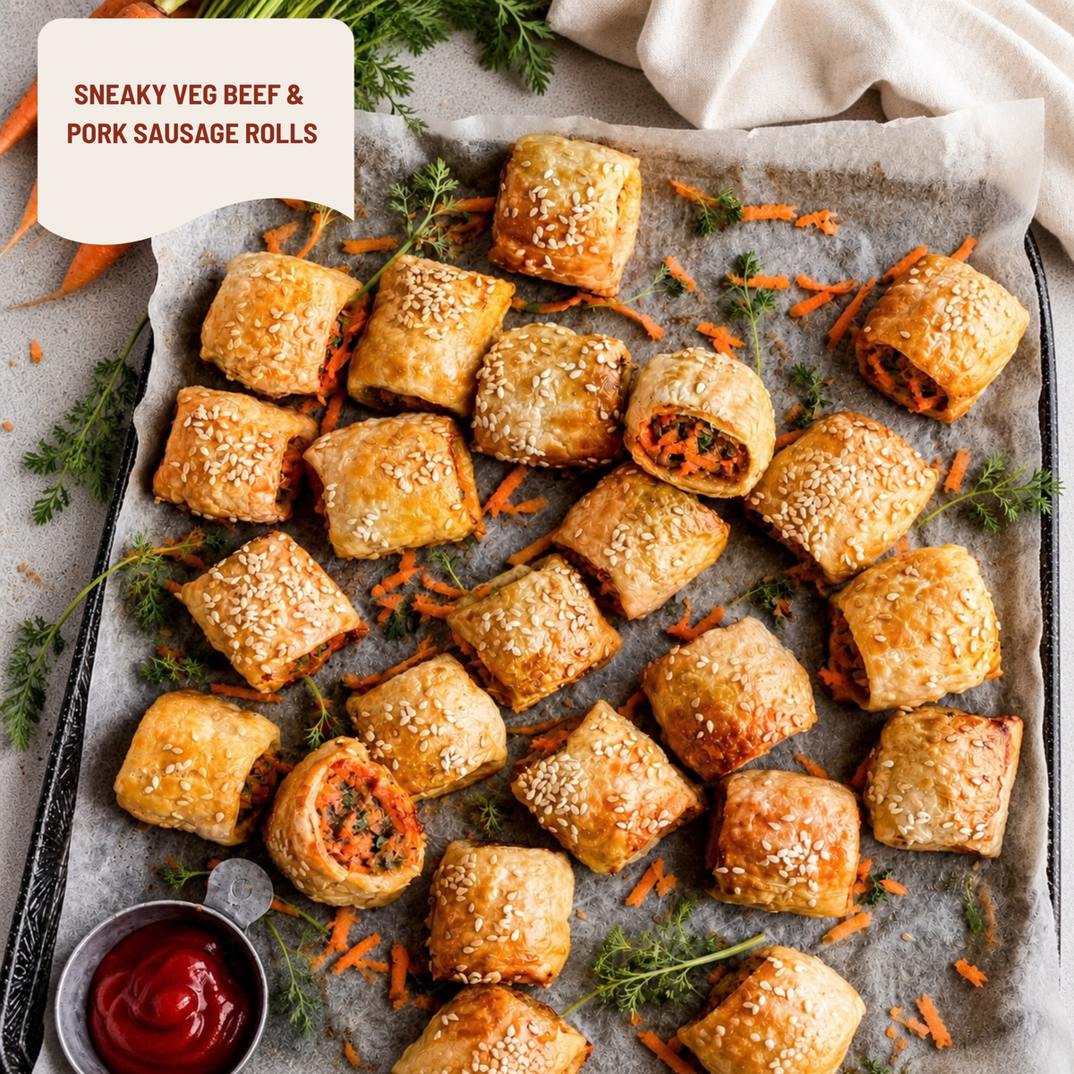 A top-down food photo of baked sausage and beef rolls cut into pieces on parchment paper, sprinkled with sesame seeds, with shredded carrots and herbs scattered around. A small bowl of ketchup is in the lower left, and a text label in the upper left reads 'SNEAKY VEG BEEF & PORK SAUSAGE ROLLS'.