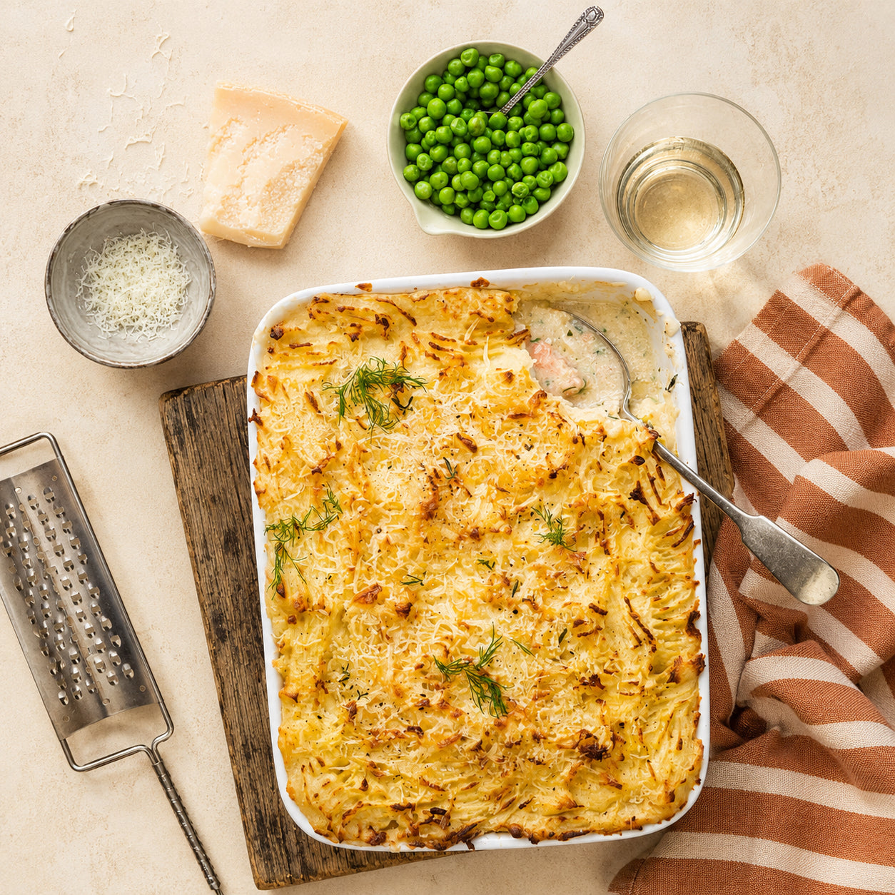 A baked fisherman's pie in a white rectangular dish sits on a wooden board, with a spoon serving a portion out. Surrounding dishes a bowl of green peas, a block of cheese, grated cheese, a metal grater, a glass of white wine, and a striped cloth napkin on a light beige surface.
