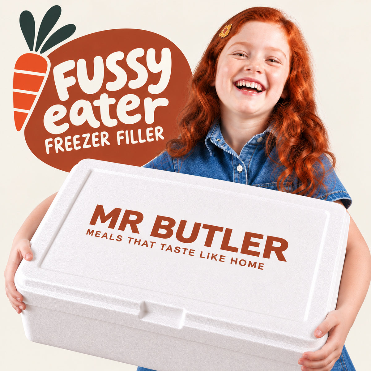 A smiling girl with long red hair holds a large white cooler box printed with the brand name 'MR BUTLER' and the tagline 'MEALS THAT TASTE LIKE HOME.' A large orange graphic in the upper left reads 'Fussy eater FREEZER FILLER' with a carrot illustration.