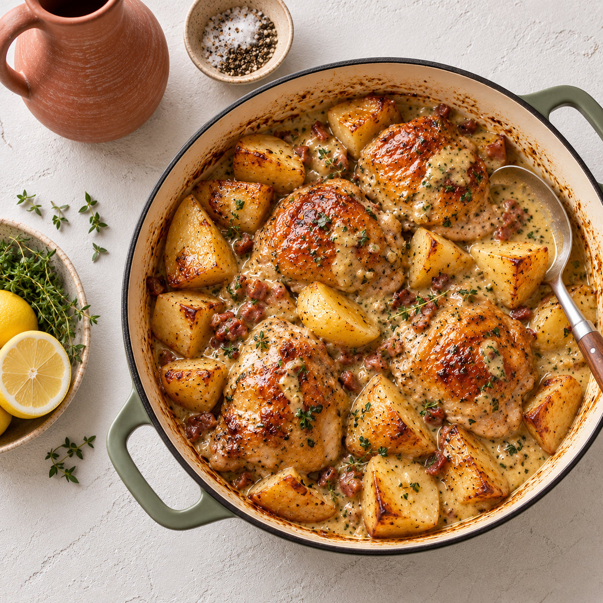A top-down view of a creamy chicken and potato casserole in an oval enameled cast iron skillet with green handles, styled on a light gray surface with a terracotta pitcher, salt, pepper, and lemon garnishes.
