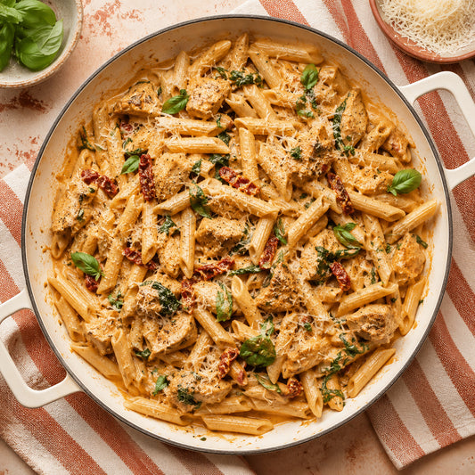 Overhead view of a creamy penne pasta dish with chicken, parmesan cheese, basil, and sunflower seeds in a white enameled cast iron skillet, set on a striped cloth with small garnish bowls in the corners.