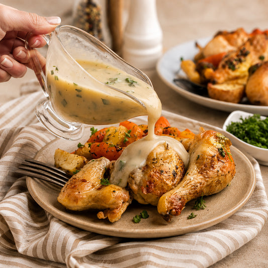 Person pouring creamy sauce over roasted chicken and vegetables on a plate.