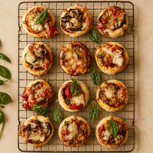 Twelve mini pizza pies topped with melted cheese, tomato sauce, mushrooms, onions, and fresh basil leaves, arranged on a black wire cooling rack over a beige surface.