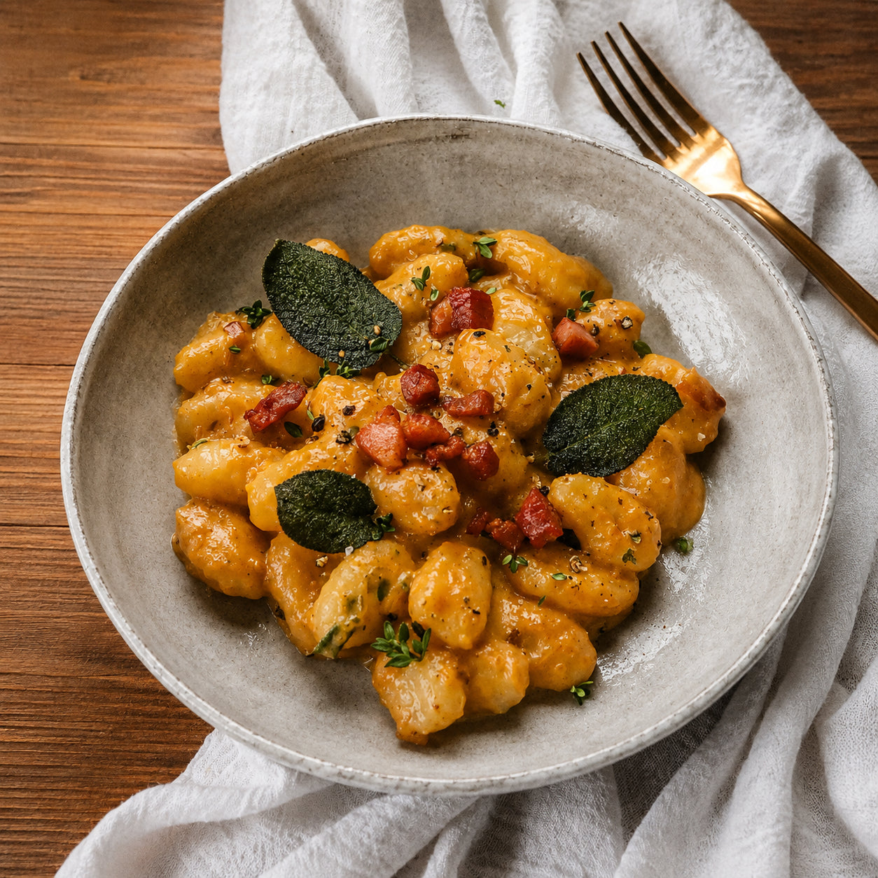 A ceramic bowl filled with pumpkin gnocchi pasta topped with sage leaves and crispy bacon bits, set on a wooden table with a white cloth and a gold fork.