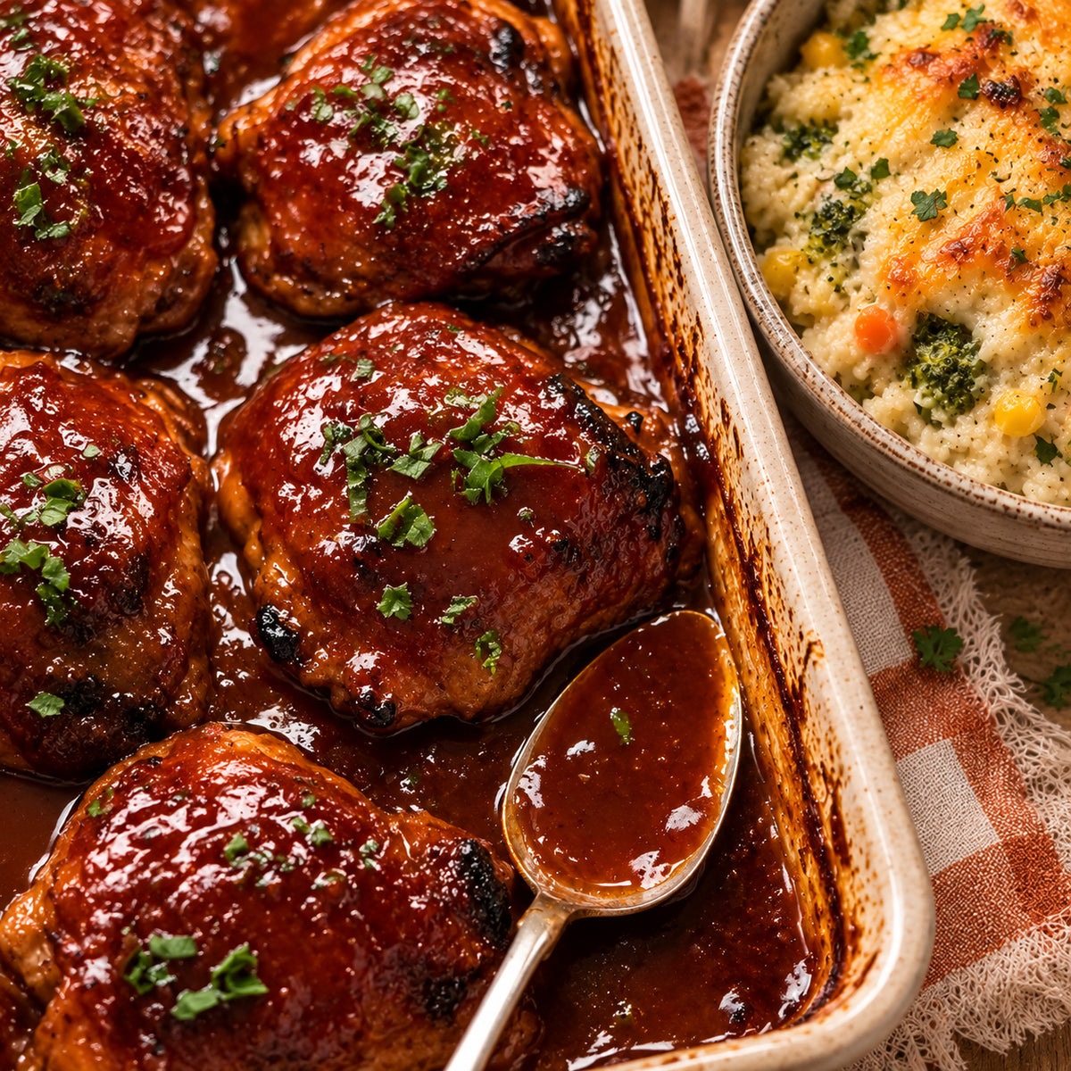 Close-up of glazed chicken thighs in a baking dish with a spoon of sauce, garnished with chopped green herbs, next to a side bowl of baked stuffing on a checkered cloth.