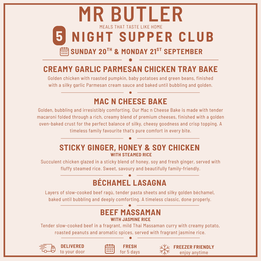 A digital menu card for 'Mr Butler 5 Night Supper Club' featuring five gourmet meal options with detailed descriptions, set against a dark charcoal background with warm brown text.